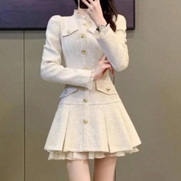 Apricot Elegant Women's Sequin Tweed Pleated Single Breasted Mini Dress - Picture 6 of 7